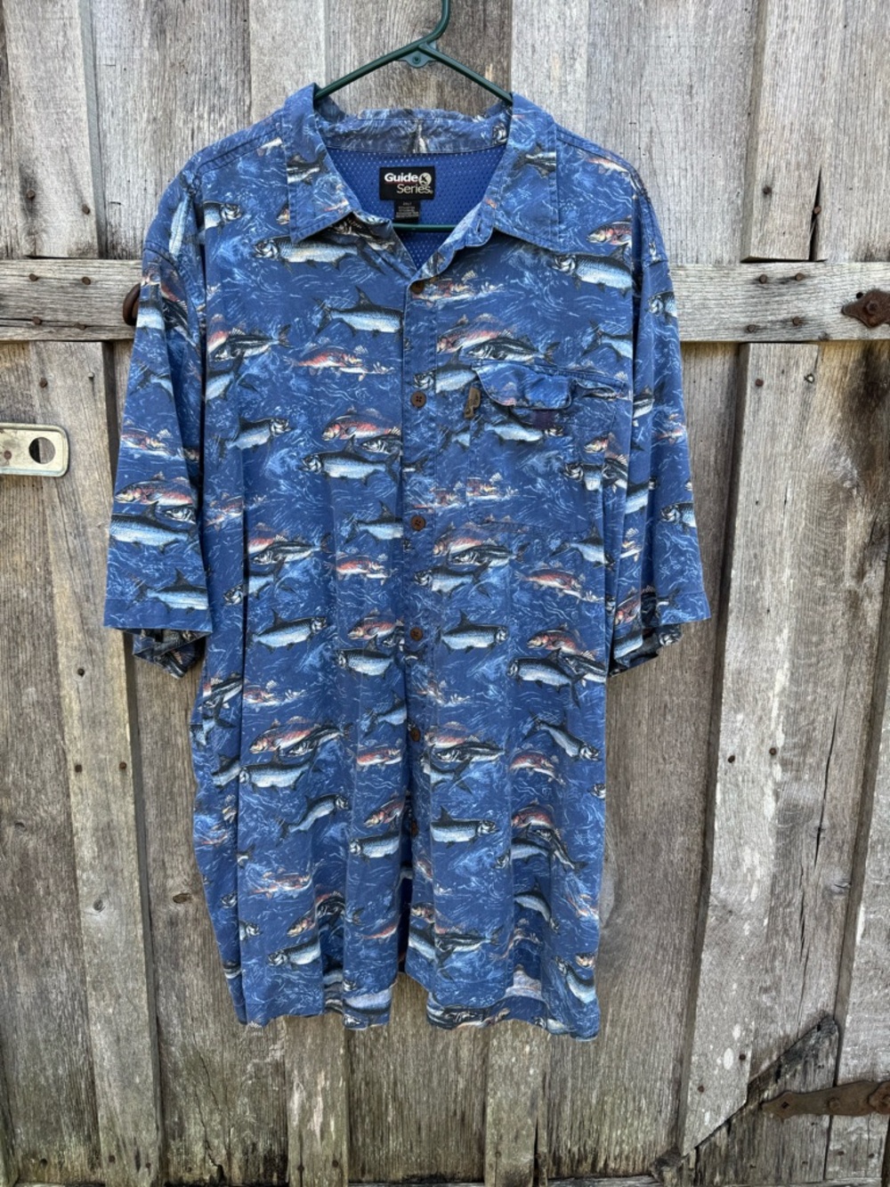 Guide Series Men’s Blue Fishing Print Button-Down Shirt. 2XLT